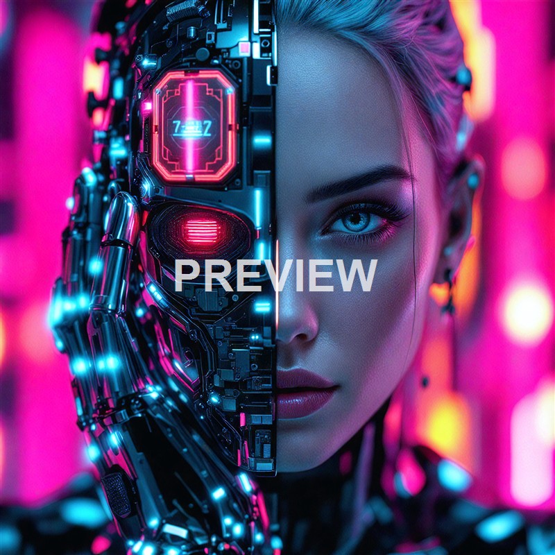 The image features a woman with striking blue eyes, with half of her face transformed into a futuristic cyborg robot, showcasing intricate mechanical parts and glowing neon lights.